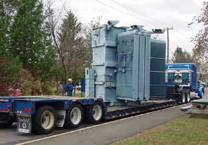 Power transformer loaded onto a semi trailer