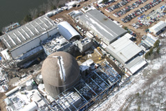 Aerieal view of the main area of the site, with containment building and turbine building visible
